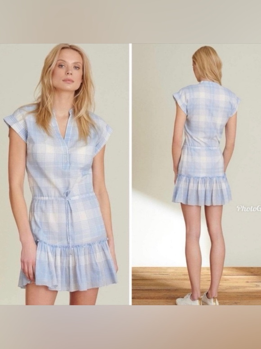 Veronica Beard Hanne Light Blue & White Plaid Drawstring Lightweight Dress NWT